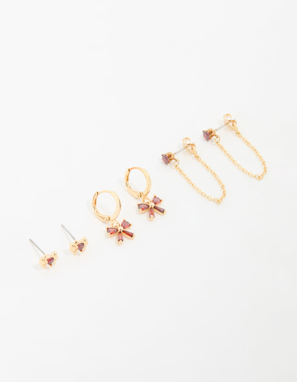 Gold Red Cubic Zirconia Bow Huggie Earrings 3-Pack
