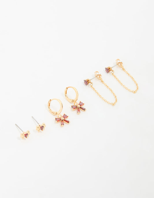 Gold Red Cubic Zirconia Bow Huggie Earrings 3-Pack