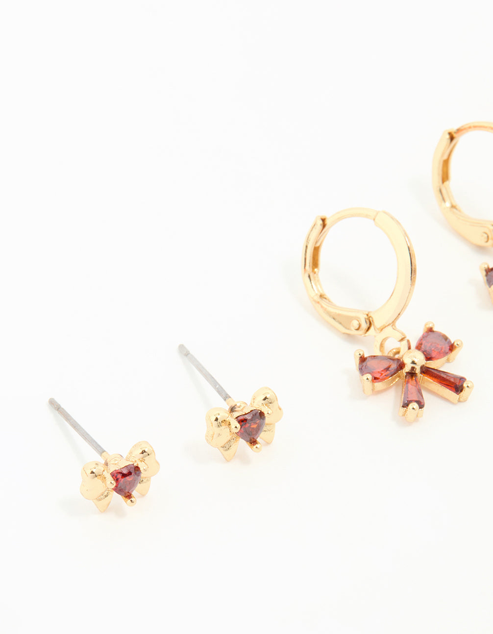 Gold Red Cubic Zirconia Bow Huggie Earrings 3-Pack