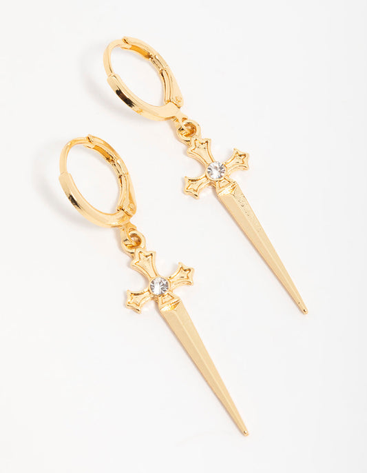 Gold Sword Drop Earrings