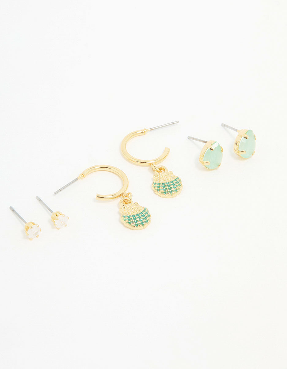 Gold Plated Cubic Zirconia Mermaid Earrings 3-Pack