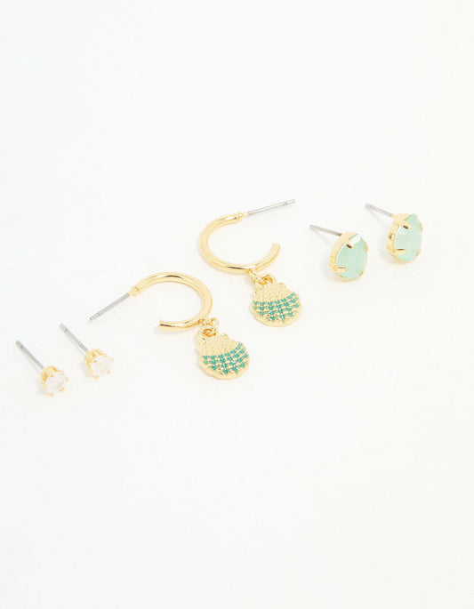 Gold Plated Cubic Zirconia Mermaid Earrings 3-Pack