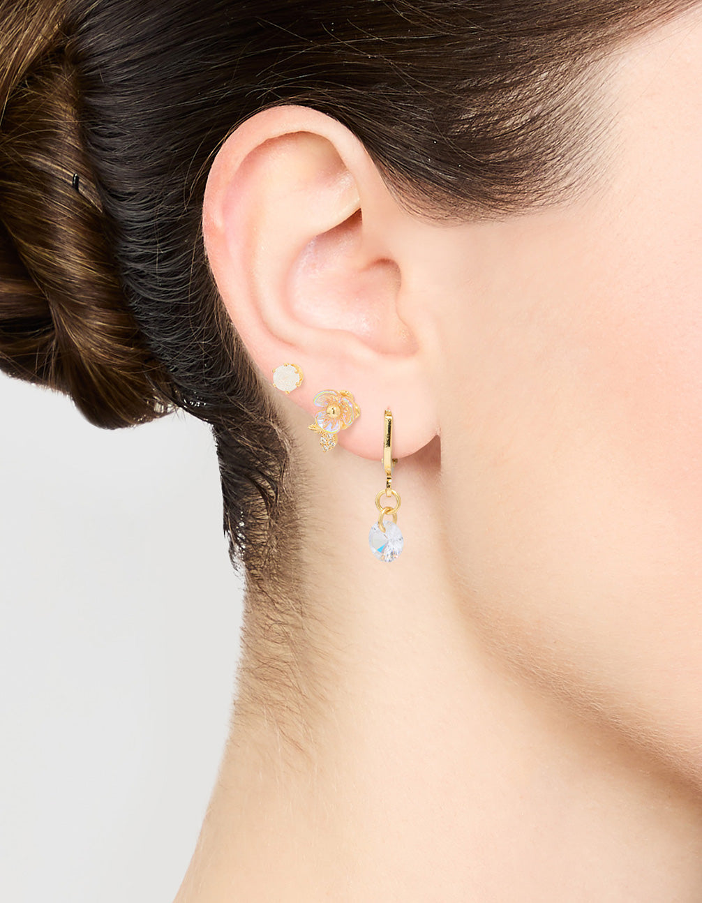 Gold Plated Cubic Zirconia Floral Drop Earrings 3-Pack