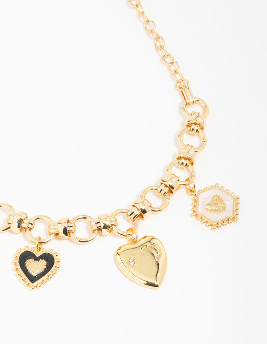Gold  Heart & Moon Charm Necklace