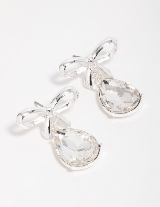 Silver Diamante Bow Drop Earrings