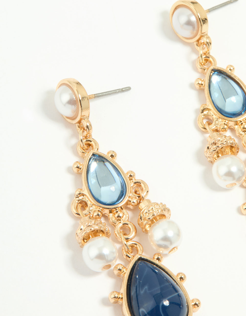 Gold Pearl Blue Diamante Teardrop Drop Earrings