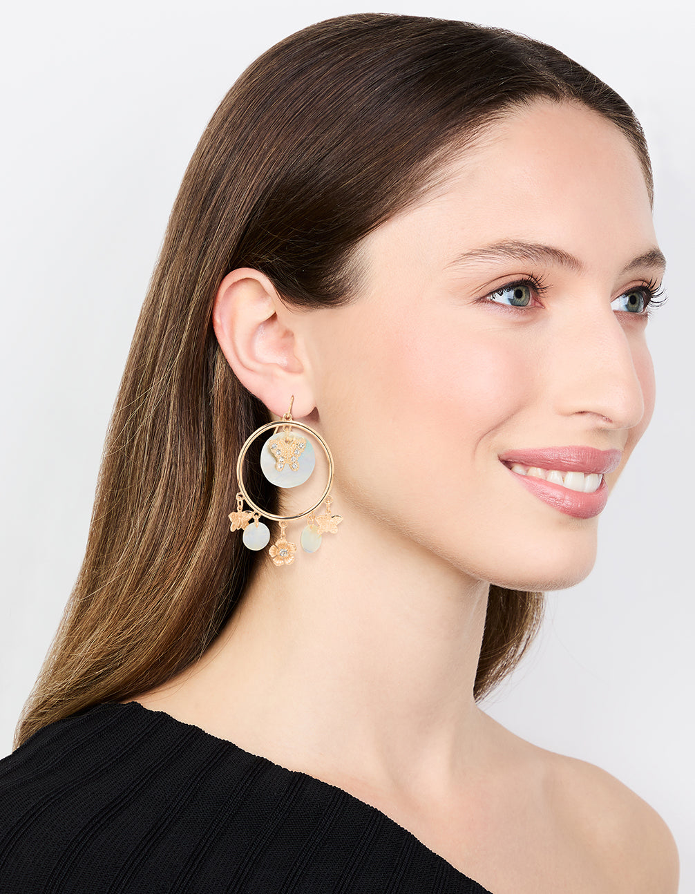 Gold Blue Genuine Shell Circle Drop Earrings