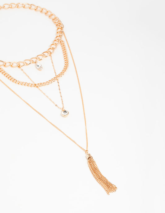 Gold Chain Tassel Layered Necklace