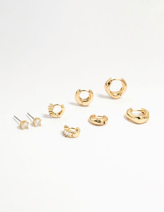 Gold Plated Brass Cubic Zirconia Baguette Earrings 4-Pack