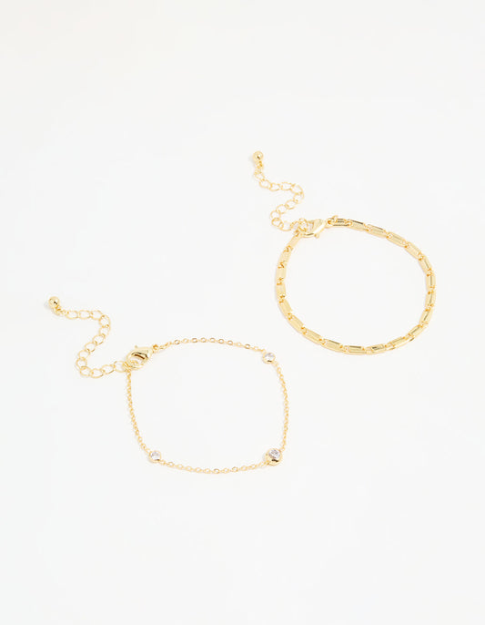Gold Plated Cubic Zirconia & Chain Bracelets 2-Pack