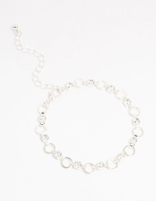 Silver Plated Brass Cubic Zirconia Alternating Link Bracelet