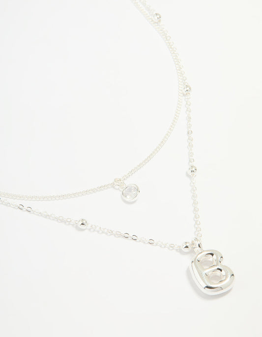 Silver Plated Cubic Zirconia & Bubble Letter B Layered Necklace