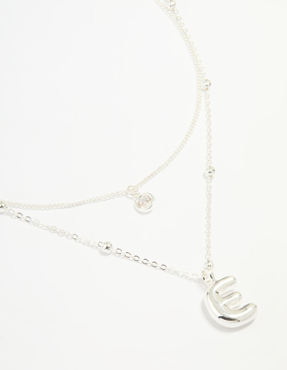 Silver Plated Cubic Zirconia & Bubble Letter E Layered Necklace