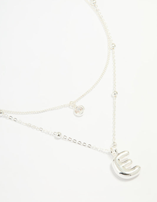 Silver Plated Cubic Zirconia & Bubble Letter E Layered Necklace