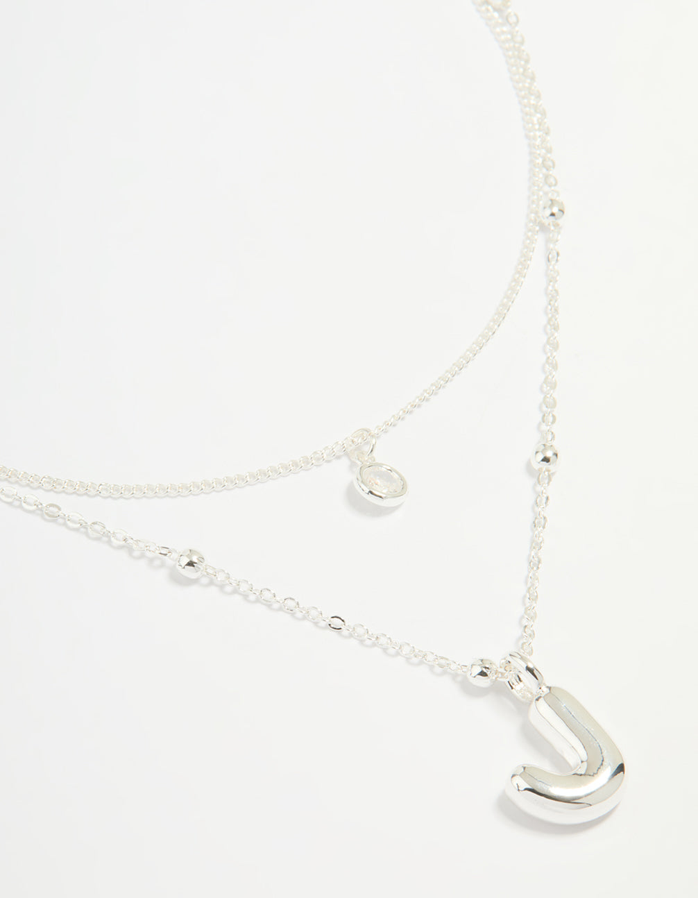 Silver Plated Cubic Zirconia & Bubble Letter J Layered Necklace