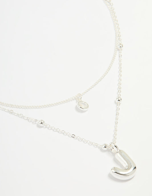 Silver Plated Cubic Zirconia & Bubble Letter J Layered Necklace