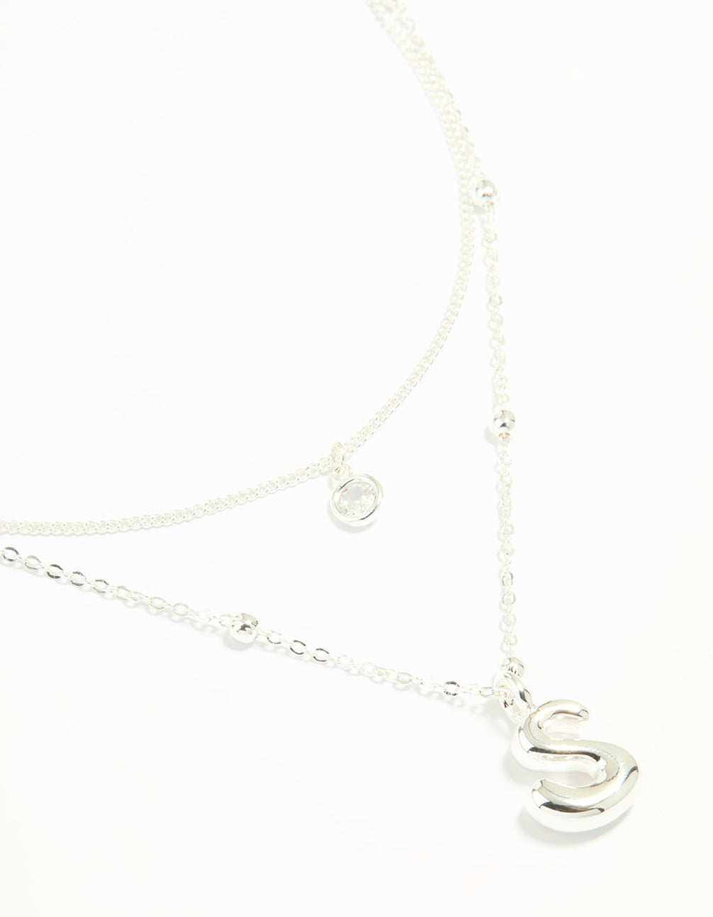 Silver Plated Cubic Zirconia & Bubble Letter L Layered Necklace