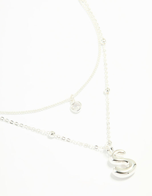 Silver Plated Cubic Zirconia & Bubble Letter L Layered Necklace