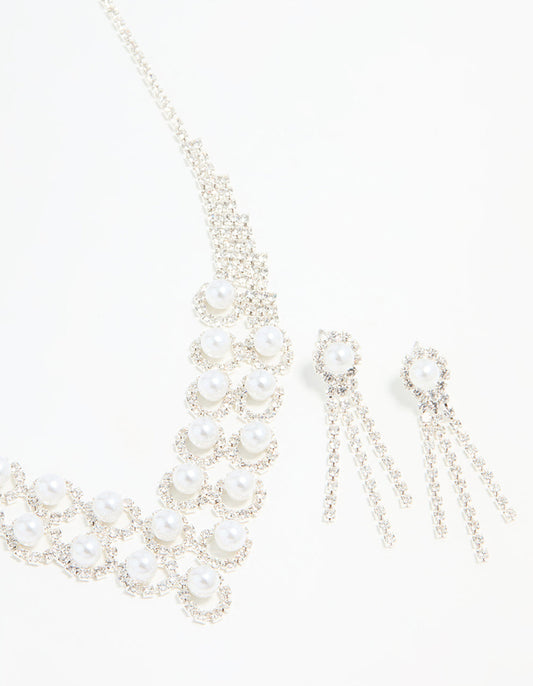 Silver Pearl Diamante Halo Vine Necklace & Earrings Set