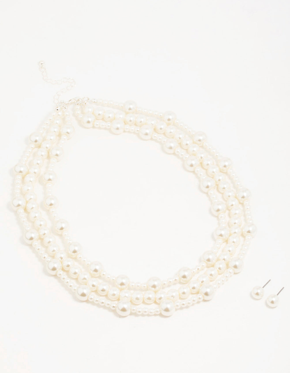 Silver Pearl Layered Necklace & Earrings Set