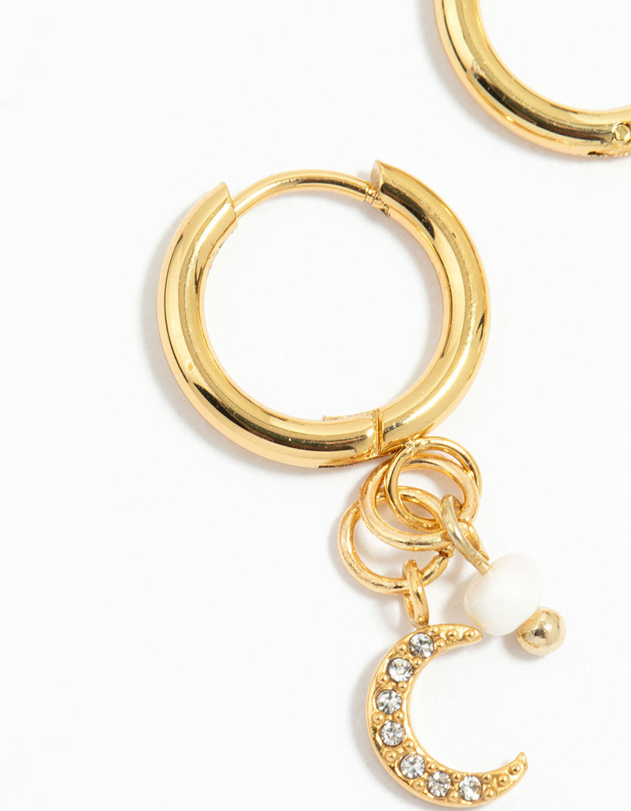 Waterproof Gold Plated Stainless Steel Freshwater Pearl & Moon Huggie Earrings