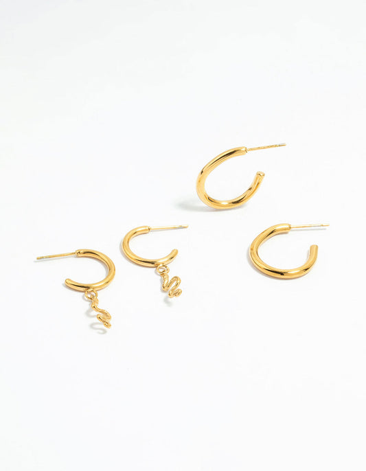 Waterproof Gold Plated Stainless Steel Sleek & Snake Charm Hoop Earrings 2-Pack