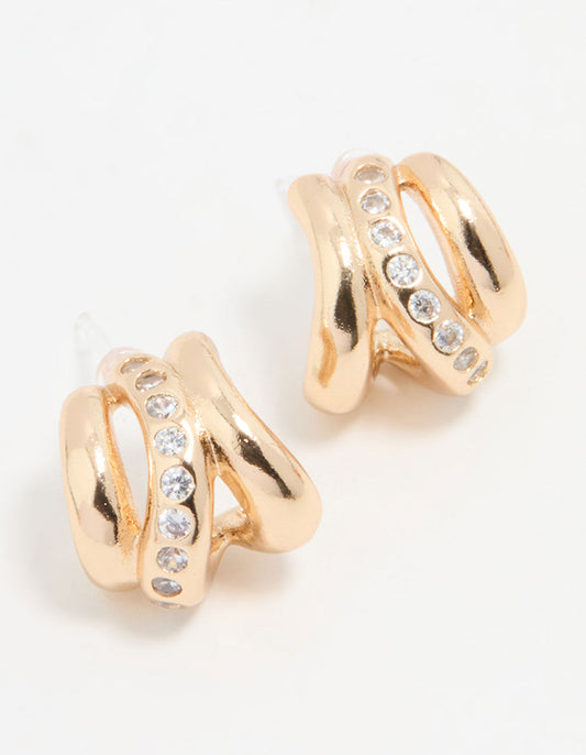 Gold Cubic Zirconia Textured Hoop Earrings