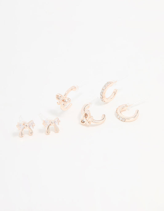 Rose Gold Cubic Zirconia Bow Stud & Hoop Earrings 3-Pack