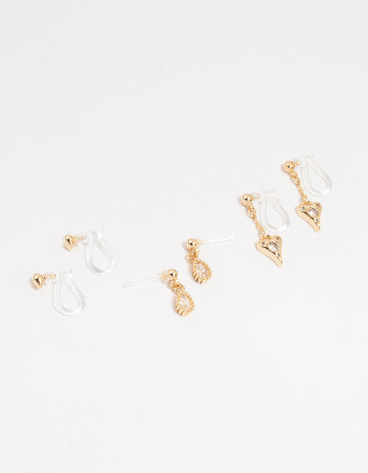Gold Cubic Zirconia Drop Heart Cuff Earrings 4-Pack