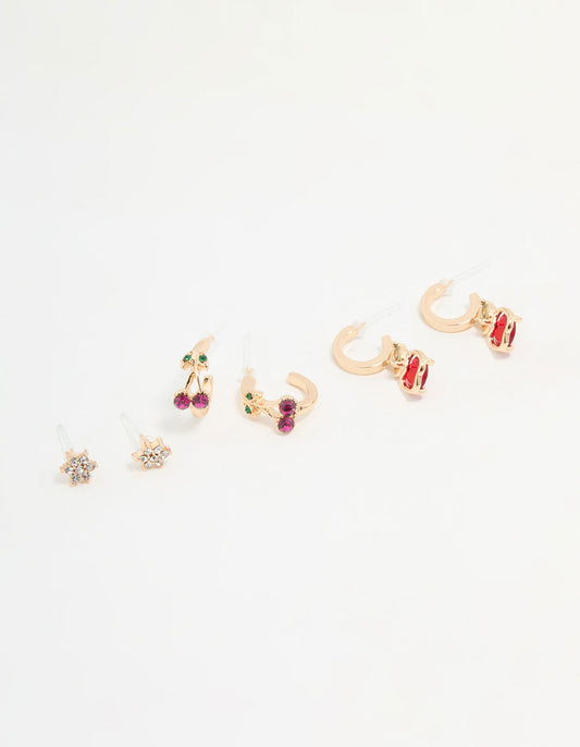 Gold Apple & Cherry Hoop Earrings 3-Pack
