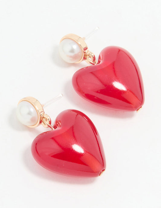 Gold Large Red Heart Drop Earrings