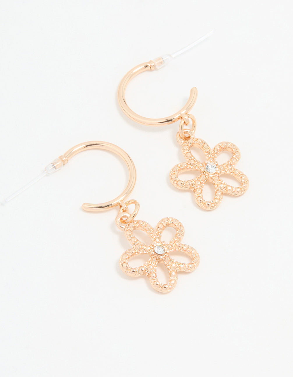 Gold Diamante Floral Drop Hoop Earrings