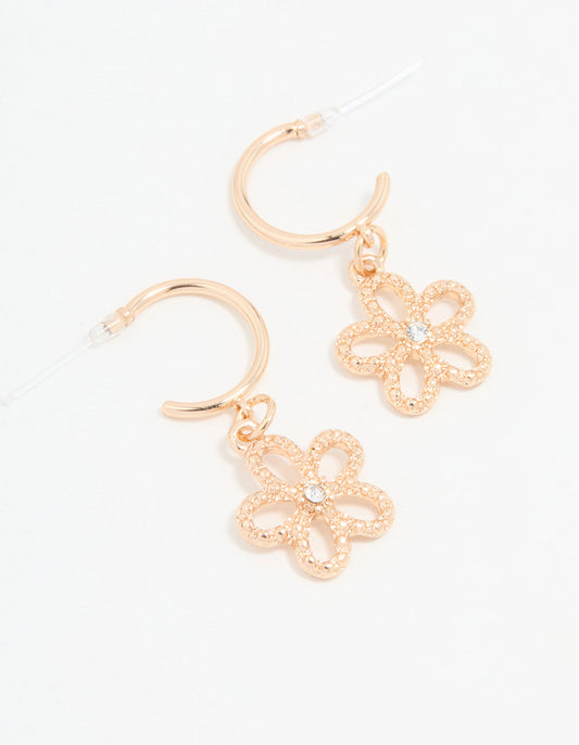 Gold Diamante Floral Drop Hoop Earrings