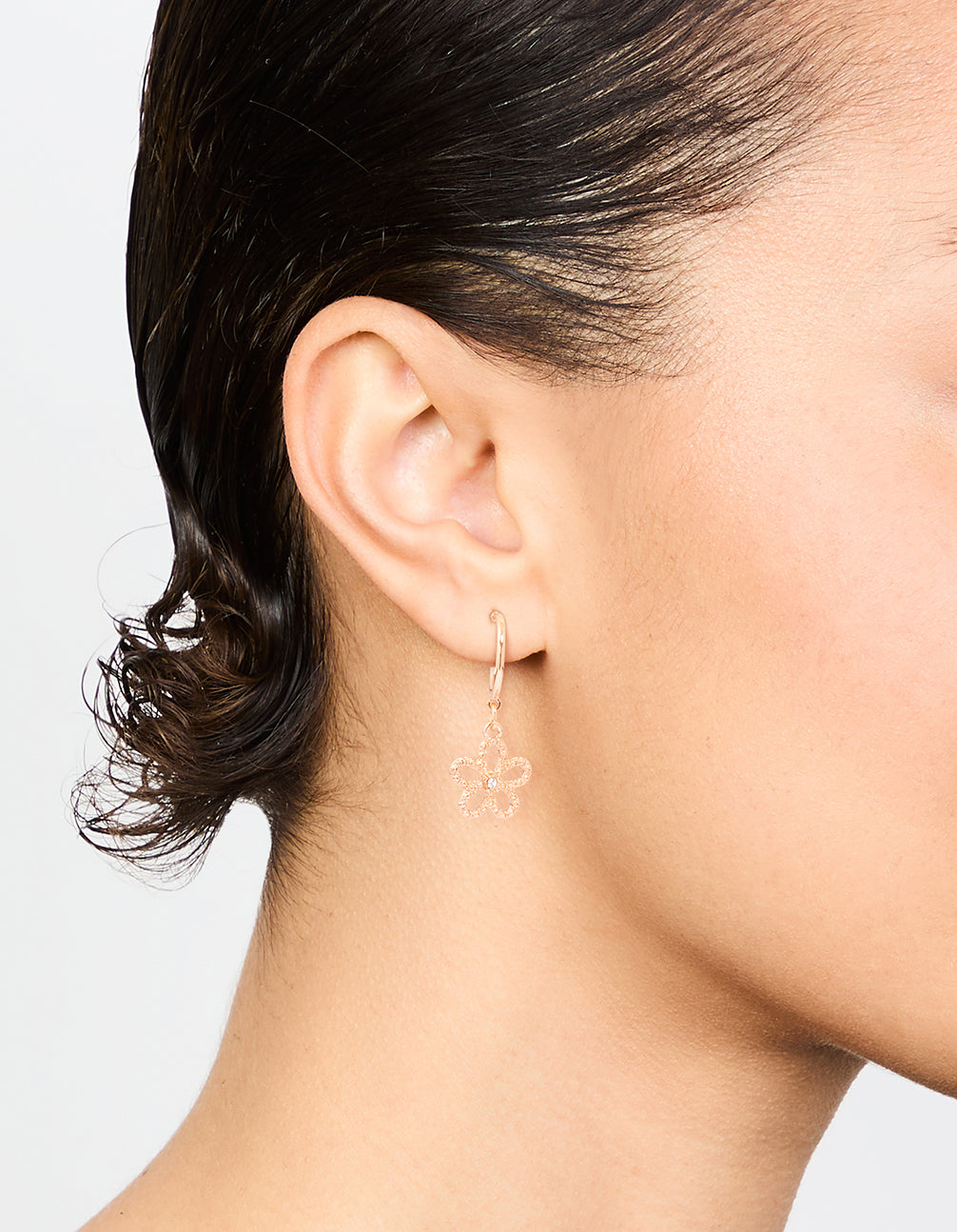 Gold Diamante Floral Drop Hoop Earrings