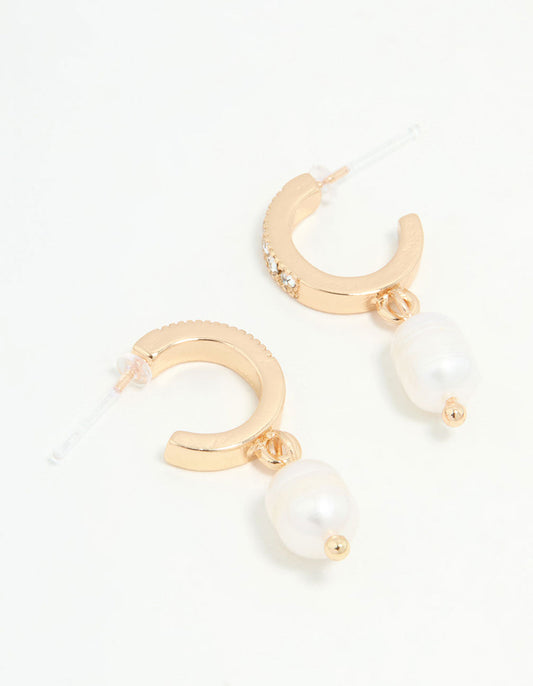 Gold Diamante & Pearl Drop Earrings