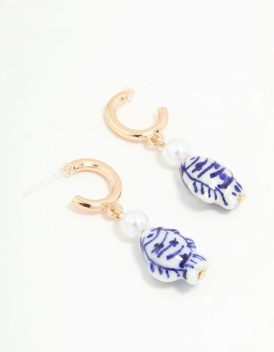 Gold Blue & White Fish Hoop Earrings