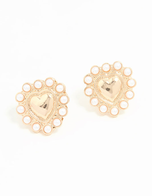 Gold Pearl Edge Heart Mini Stud Earrings