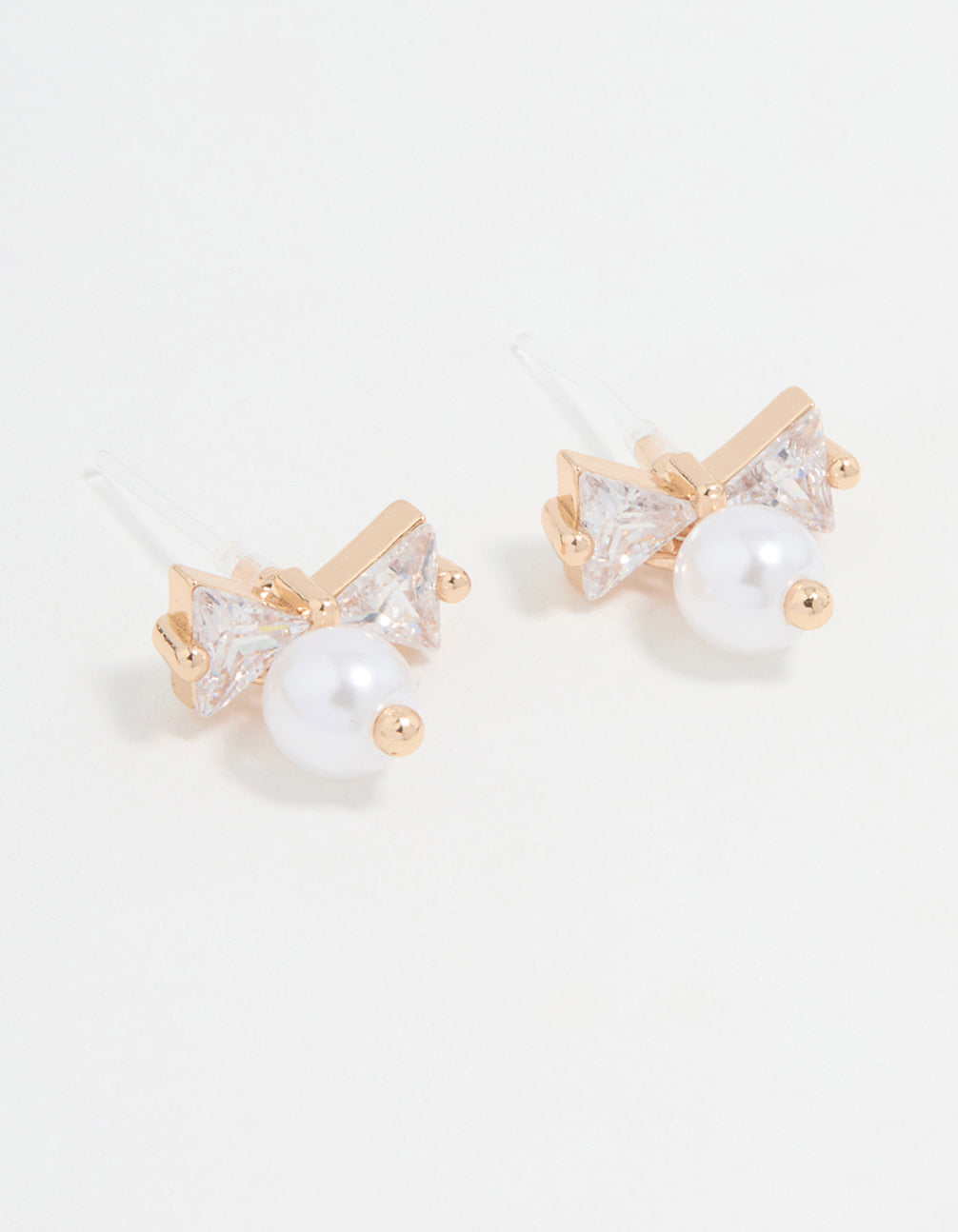 Gold Cubic Zirconia Pearl Bow Stud Earrings