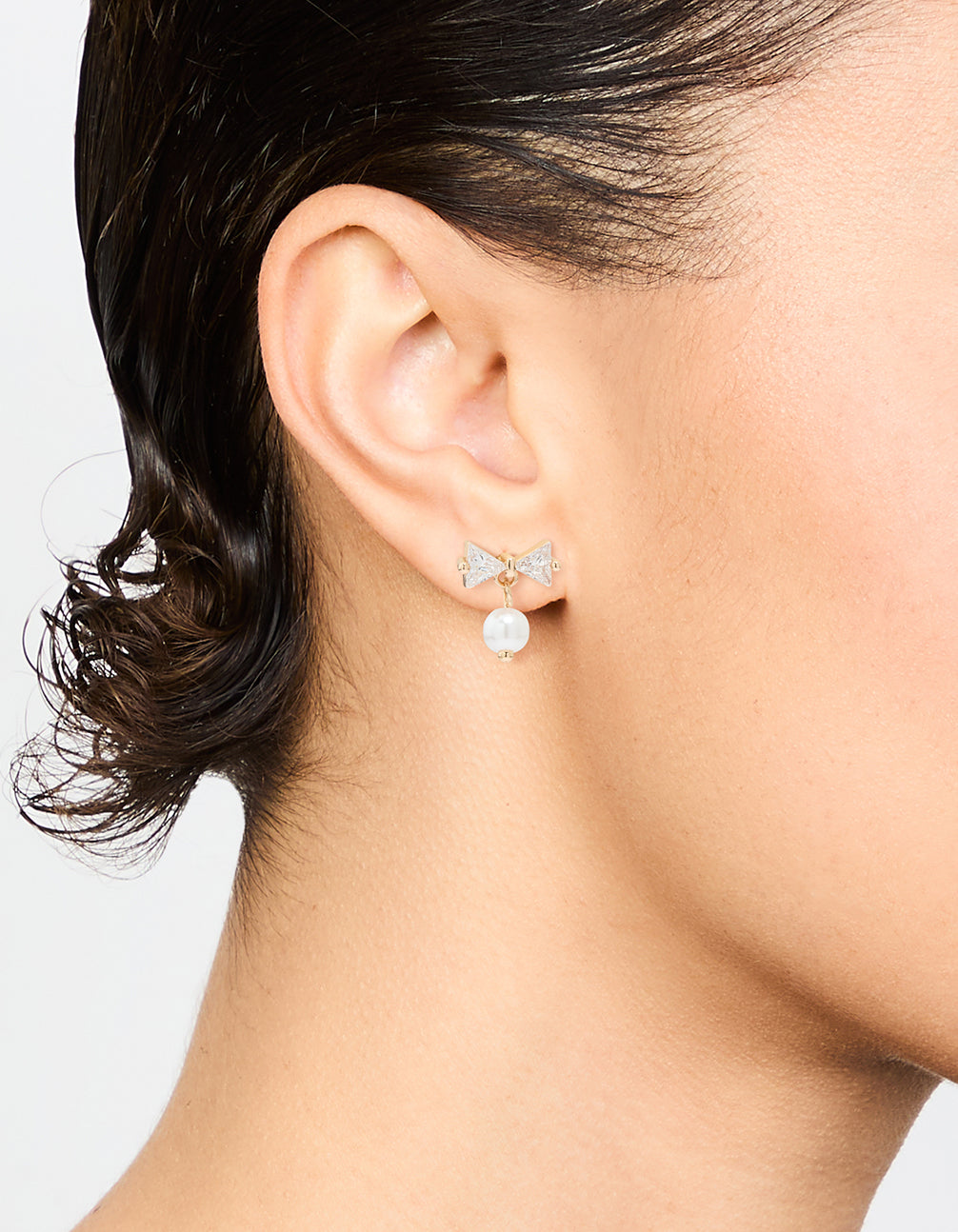 Gold Cubic Zirconia Pearl Bow Stud Earrings