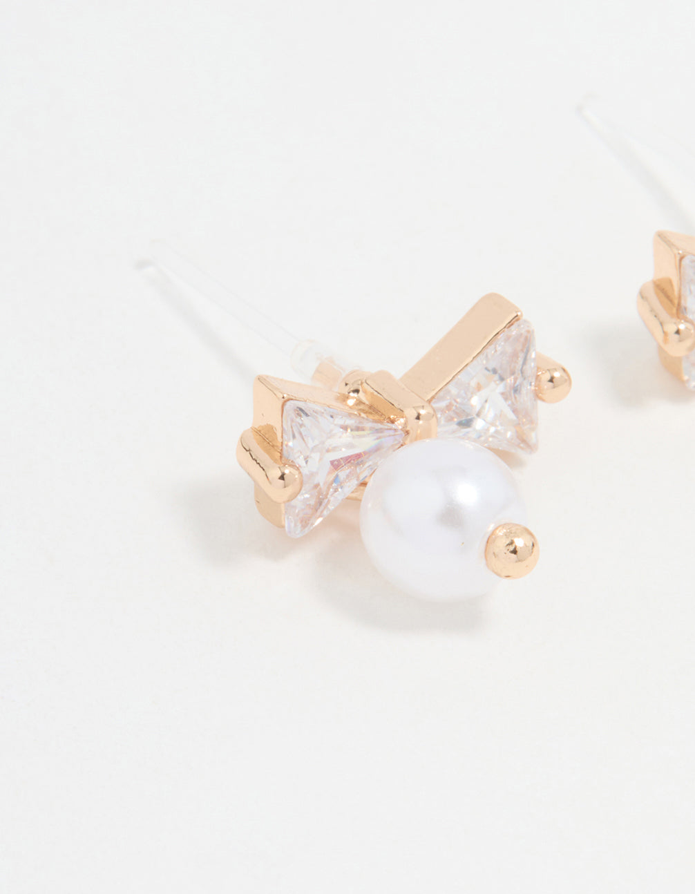 Gold Cubic Zirconia Pearl Bow Stud Earrings