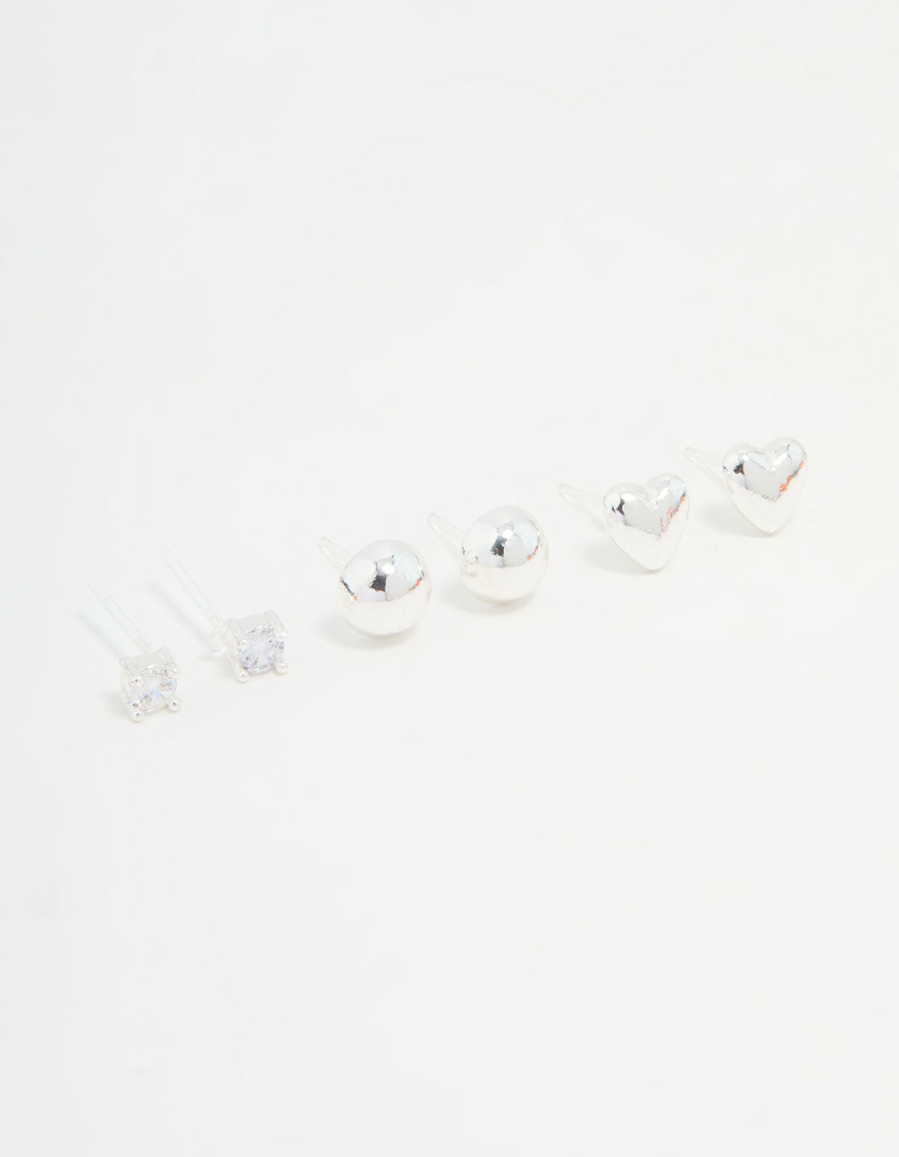 Silver Cubic Zirconia Heart & Stud Earrings 3-Pack