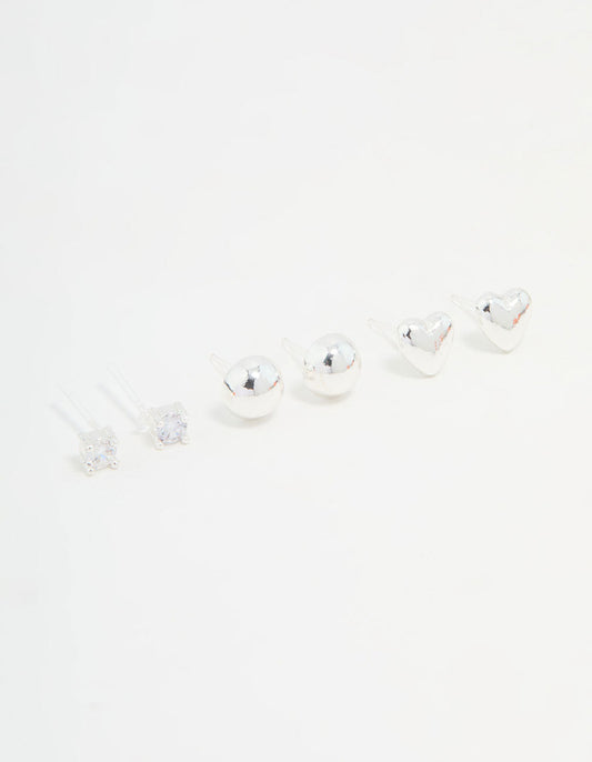 Silver Cubic Zirconia Heart & Stud Earrings 3-Pack