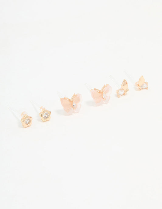 Gold Butterfly Wing Stud Earrings 3-Pack