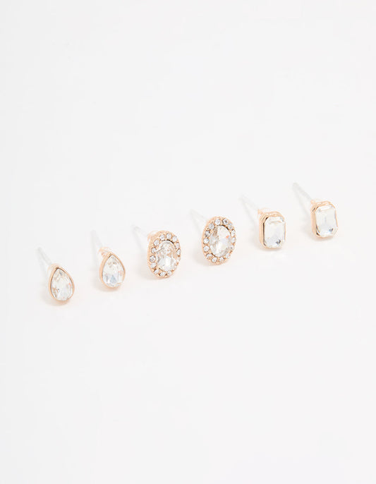 Gold Diamante Stud Earrings 3-Pack