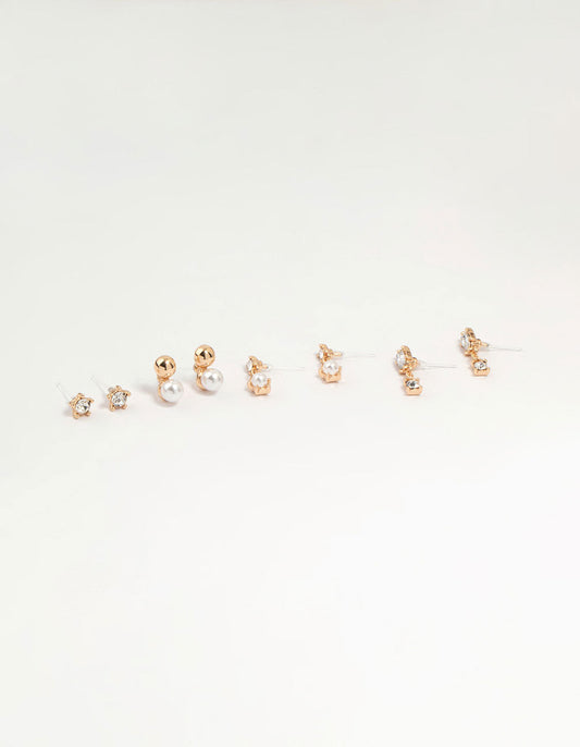 Gold Pearl & Diamante Stud Earrings 4-Pack