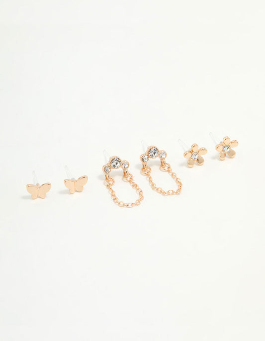Gold Flower & Butterfly Earrings 3-Pack