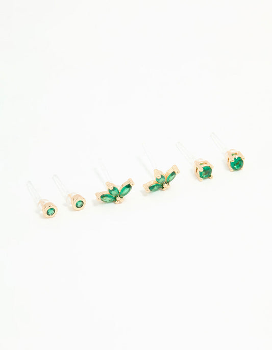 Gold Emerald Cubic Zirconia Stud Earrings 3-Pack