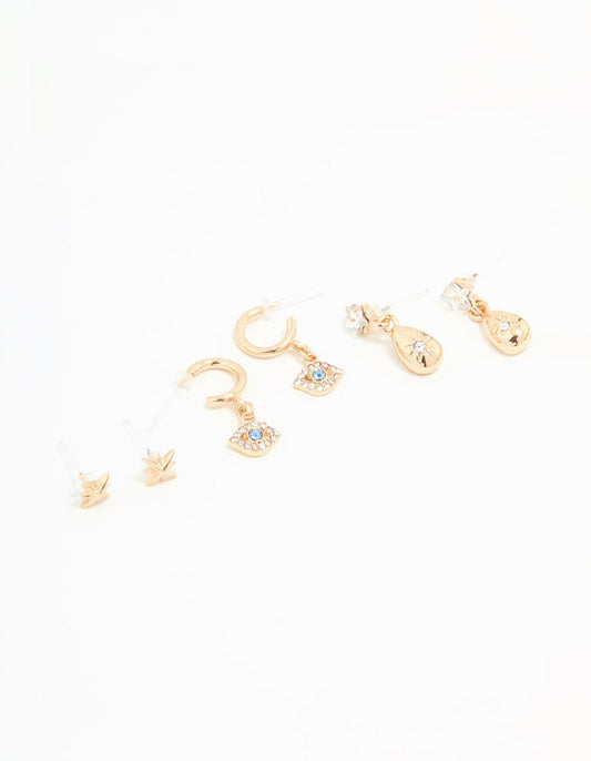 Gold Cubic Zirconia Celestial Earrings 3-Pack