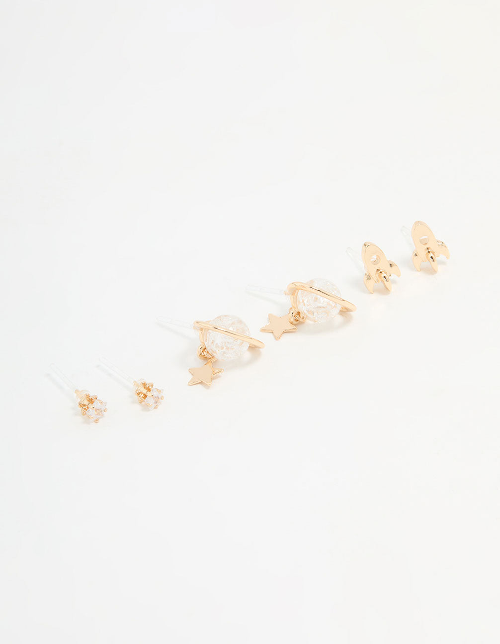 Gold Cubic Zirconia Planet & Rocket Earrings 3-Pack