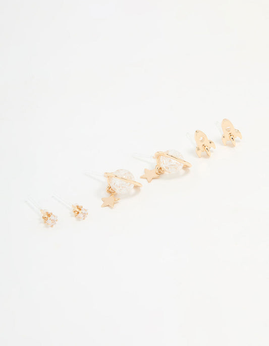 Gold Cubic Zirconia Planet & Rocket Earrings 3-Pack